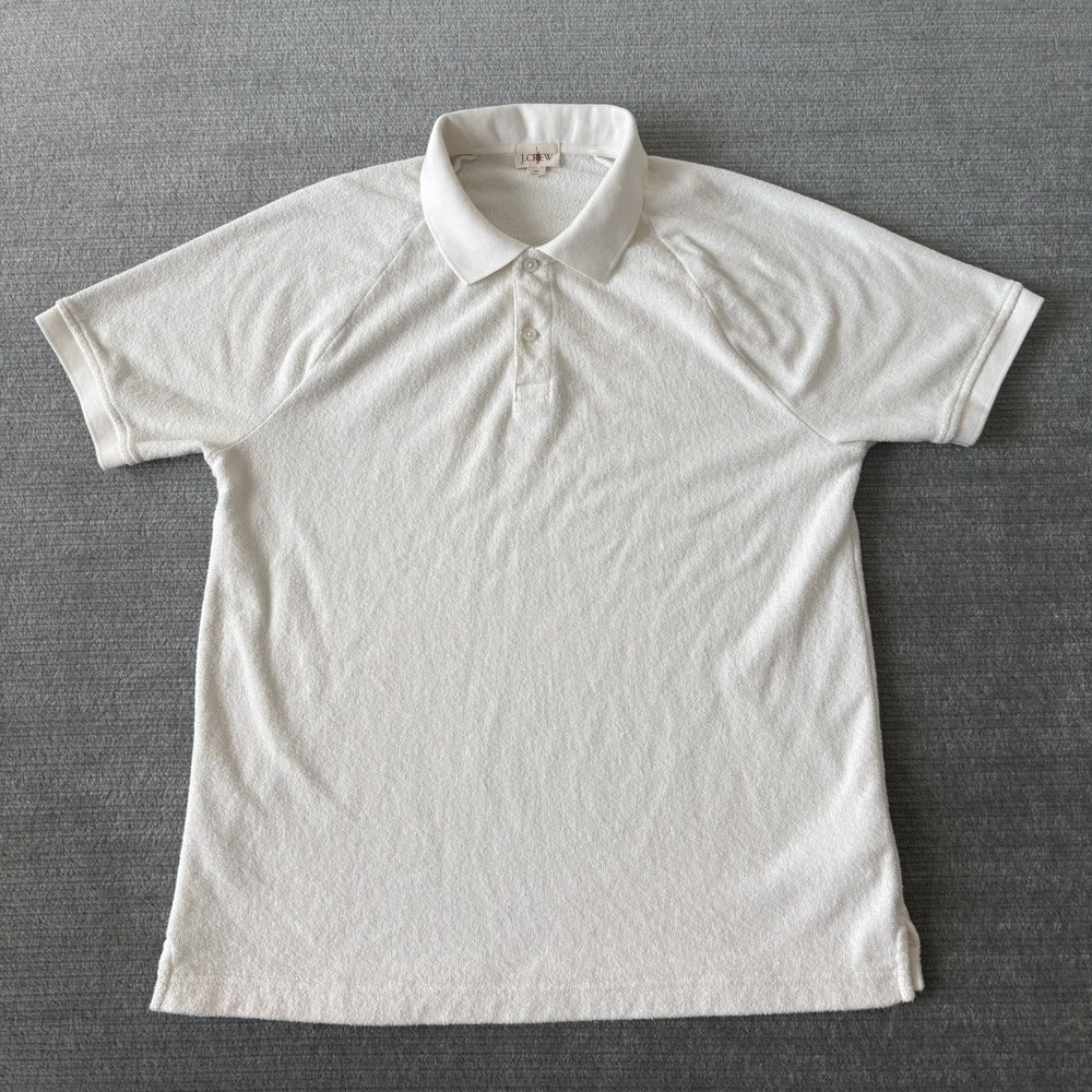 J Crew Terry Raglan Polo Shirt Men M Cream Towelling Casual Pullover Classic